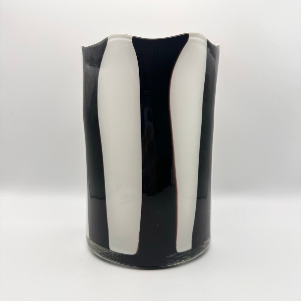 Murano Vintage Art Glass Black White Vertical Stripe Vase Hand Blown 7" Tall MCM